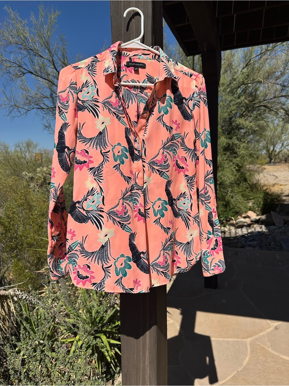 Banana Republic Coral Floral & Bird Button-Front Blouse